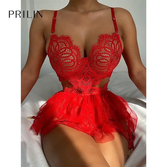 Vivid Red Lace Lingerie Set